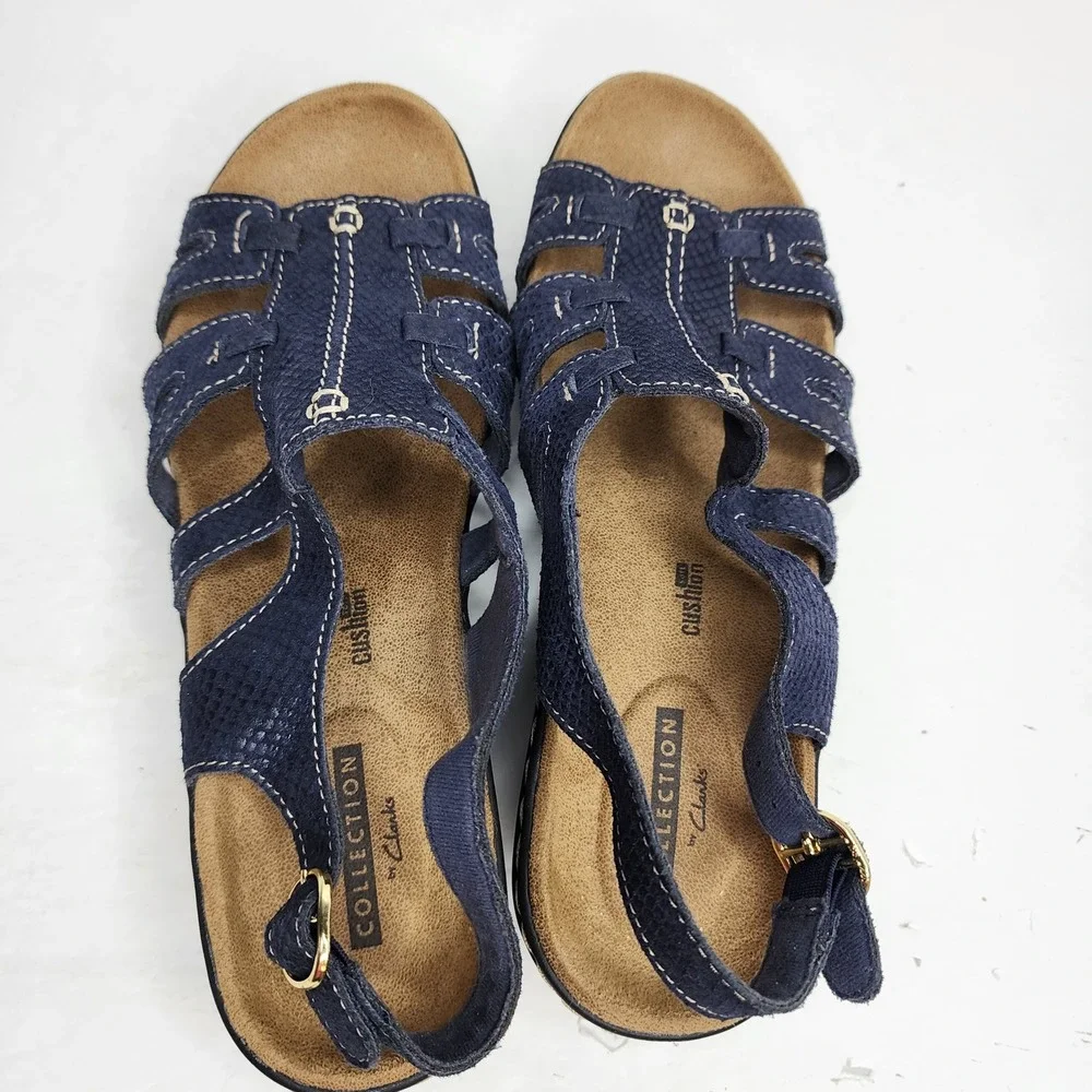 Clarks Collection Wedge Sandals Womens 6.5 Navy Blue Snakeskin Strappy Slingback